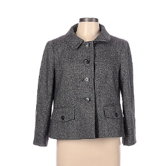 LOFT Virgin Wool Coat Gray Peter Pan Collared Cropped Jacket Pockets Belt Sz 12 - Picture 1 of 12